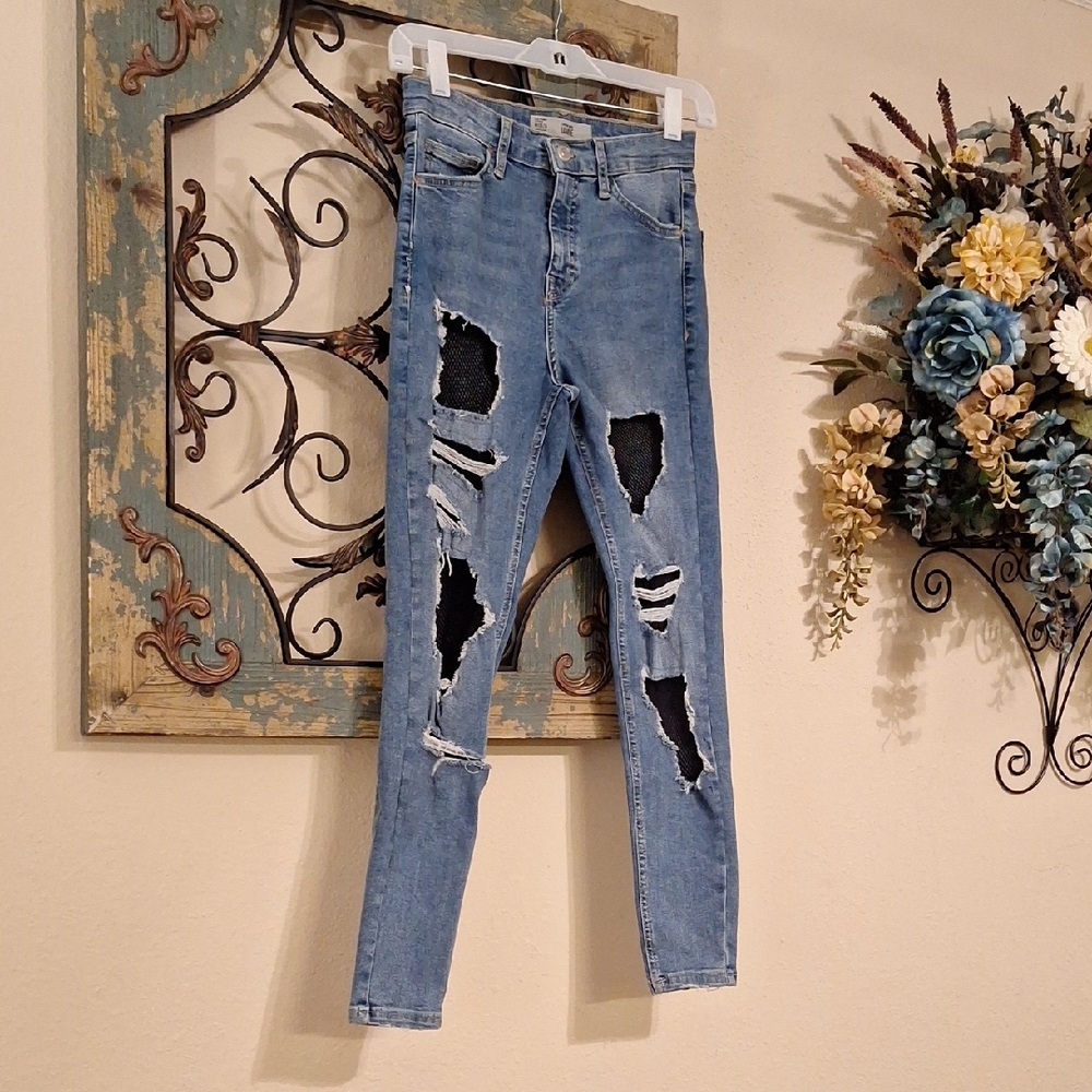 Topshop Blue Distressed Skinny Jeans. Excellent Condition NWOT Size 28